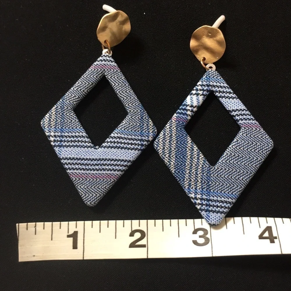 Gold-tone blue plaid print Rectangle drop earrings